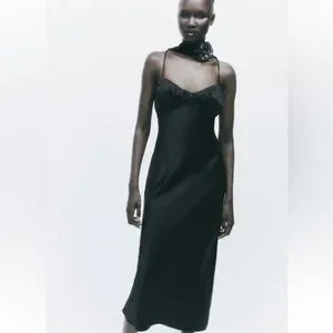 Black Zara Velvet Dress With Rhinestones Zara Dresses Zara Ribbed Midi Dress  With Rear Slit In